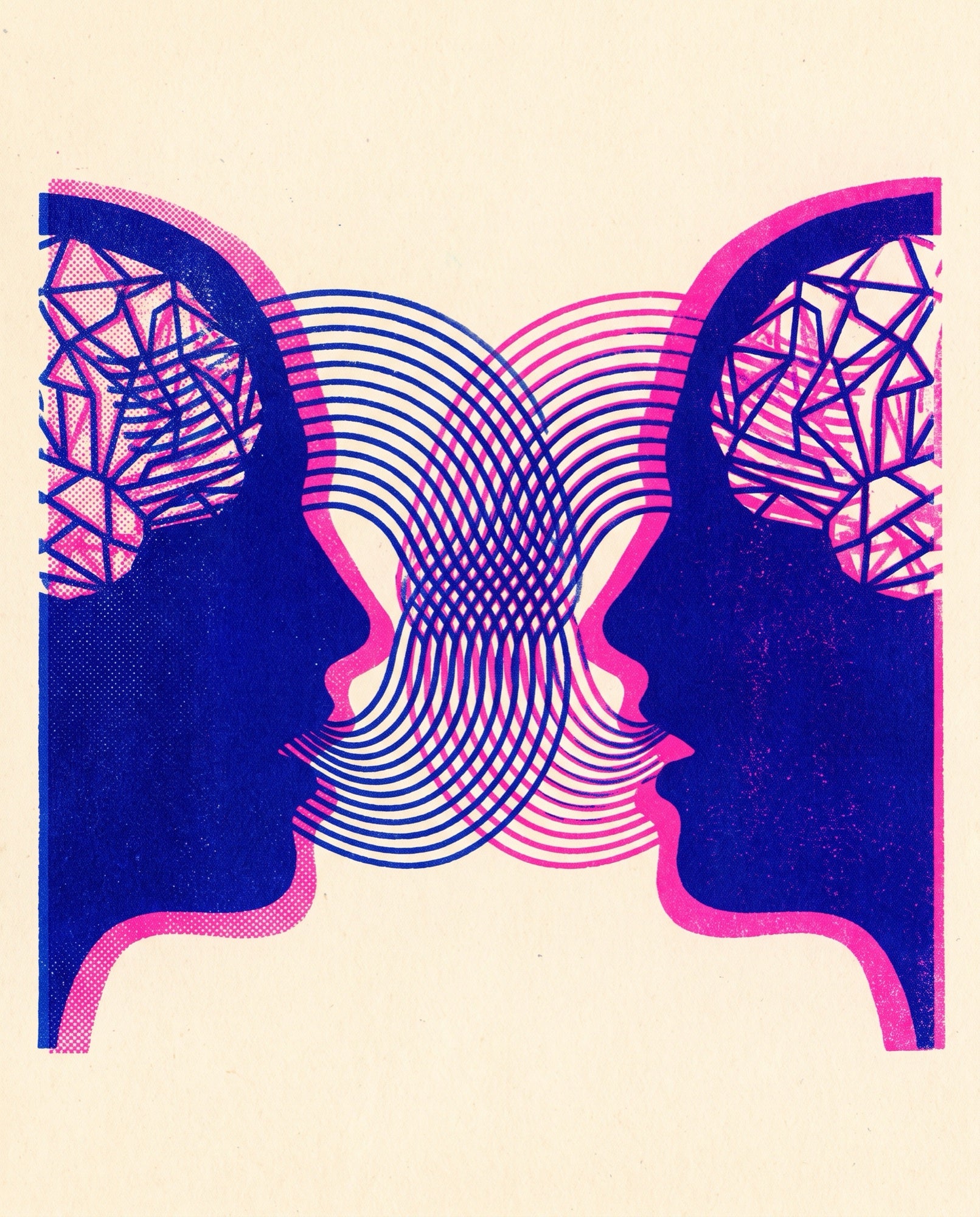 Two profiles whose speech waves interfere and rebuild the backs of each other's skulls