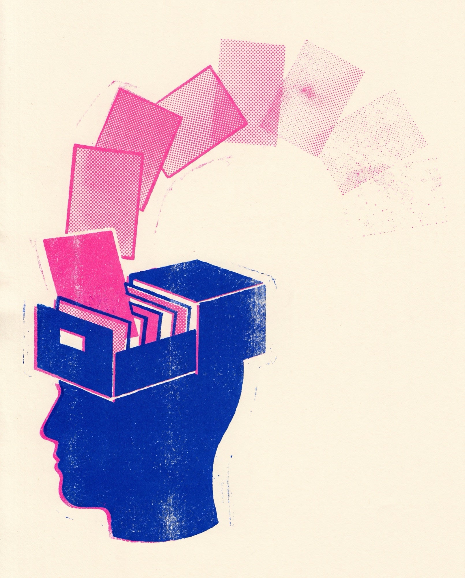 A head in profile as an open card-index cabinet, cards escaping upward