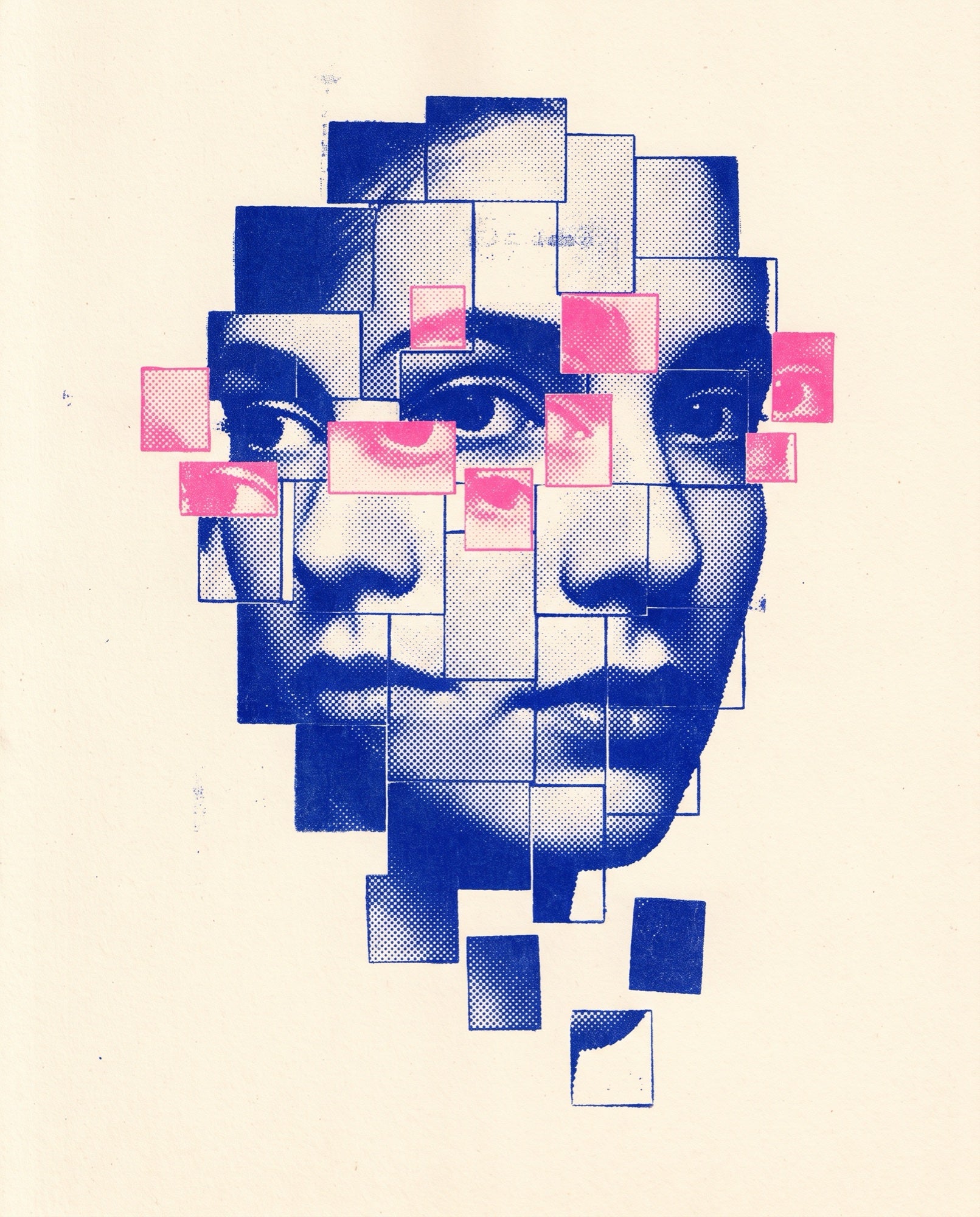 A face assembled from misaligned feed tiles, some drifting away from the jaw