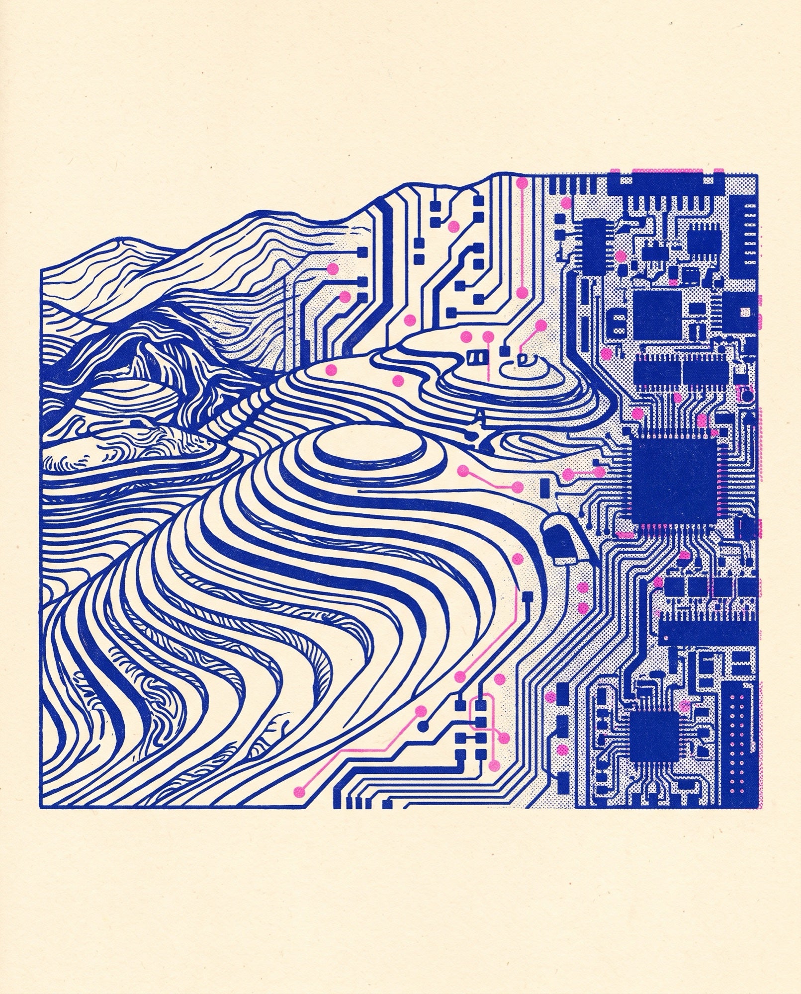 Terraced mountainside morphing into printed circuit traces