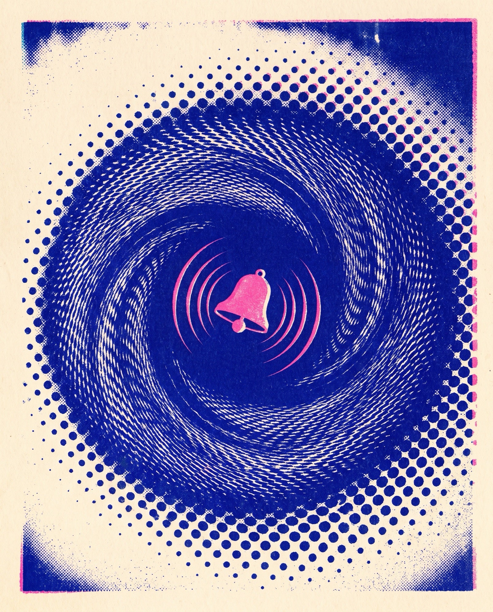 A dilated pupil as a vortex of halftone dots, a fluorescent bell ringing at its centre